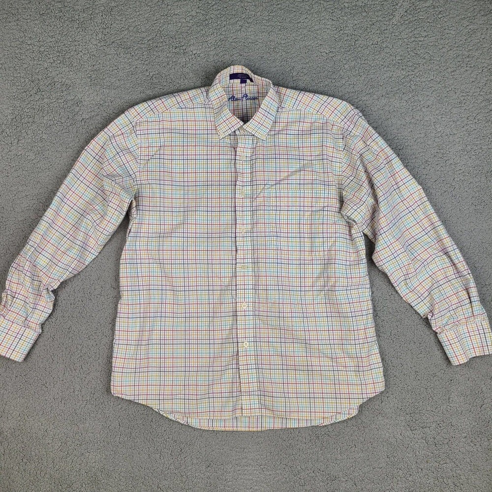 Alan Flusser Shirt Men's Large White Multicolor Plaid Button Down Long Sleeve